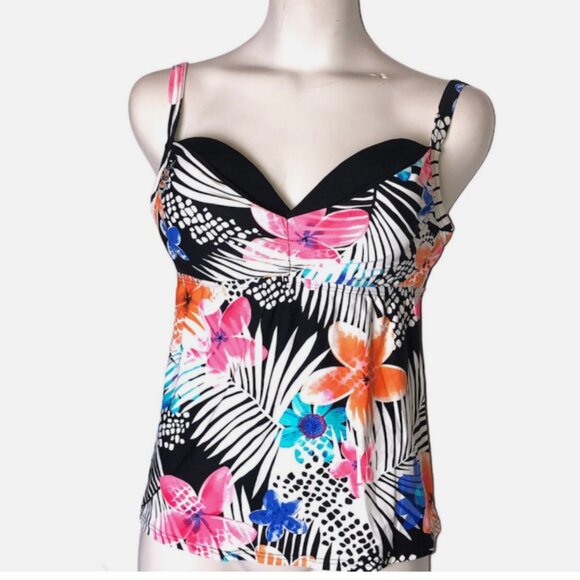 Coco Reef Tankini Top Bra Size 32/34 DD Black Aqua Pink Floral Adj. Straps - Picture 1 of 10